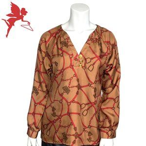 BRITT RYAN Silk Equestrian Horse Print Peasant Blouse